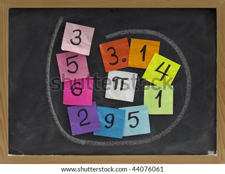 first ten digits of the number pi handwritten on colorful sticky notes and posted on a blackboard
