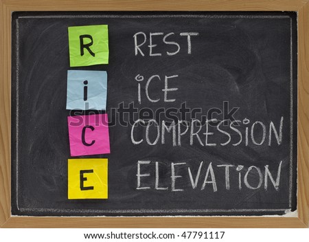 RICE (Rest, Ice, Compression, Elevation) - humorous medical acronym for the treatment of certain leg and foot injuries; colorful sticky notes, white chalk handwriting on blackboard