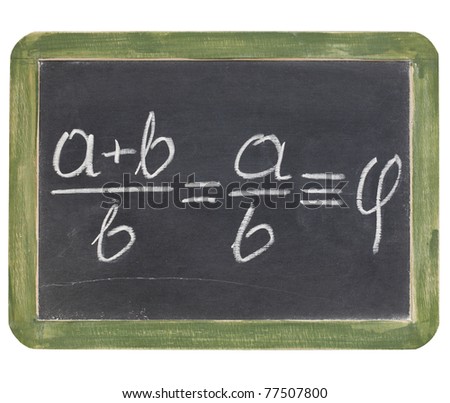 definition of golden ratio widely used in mathematics, arts, architecture and design - white chalk on small slate blackboard