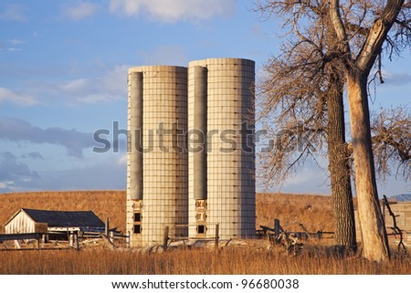 buildings of abandoned farm with twin silos near Fort Collins, Colorado