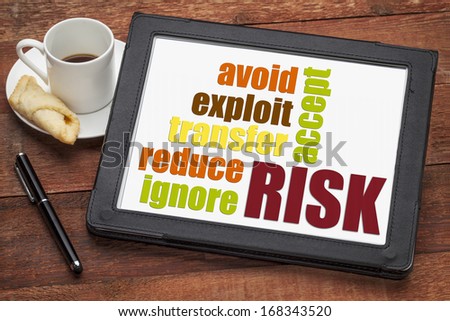 risk management strategies - ignore, accept, avoid, reduce, transfer and exploit - word cloud on a digital tablet