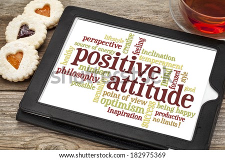 positive attitude word cloud on a digital tablet with a cup of tea and heart cookies