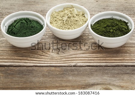 kelp, chlorella and Hawaiian spirulina powders - nutritional supplements from a sea - ceramic bowls against grained wood