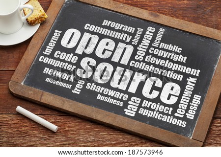 computer software development concept - open source word cloud  on a vintage blackboard