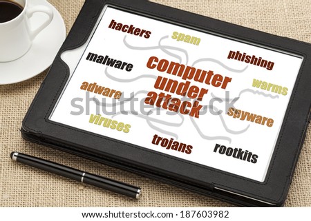 computer network security concept - hackers, spam, phishing, virus, malware, spyware and other risks - mind map or word cloud on a digital tablet