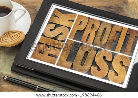 business or investment concept - risk, profit, loss abstract text in vintage letterpress wood type on a digital tablet with a cup of coffee