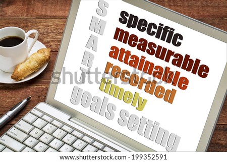 goal setting concept  - SMART (specific, measurable, attainable recorded, timely) -  on a laptop  computer with  espresso coffee