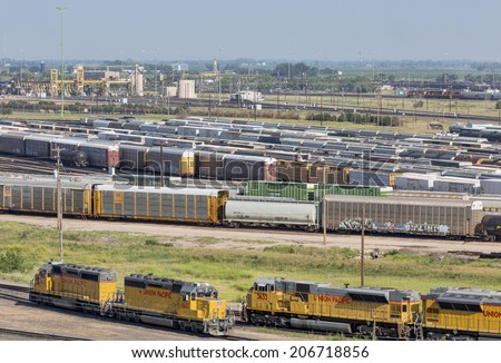 NORTH PLATTE, NEBRASKA, JULY 14, 2014:  Union Pacific\'s Bailey rail yard from Golden Spike Tower. The world\'s largest train yard is handling 10,000 cars each day.