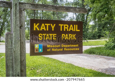 PORTLAND, MO, USA - JULY 12, 2014: Welcome sign for Katy Trail State Park. The park is the nation's longest rails-to-trails project, stretching from the Machens to Clinton.