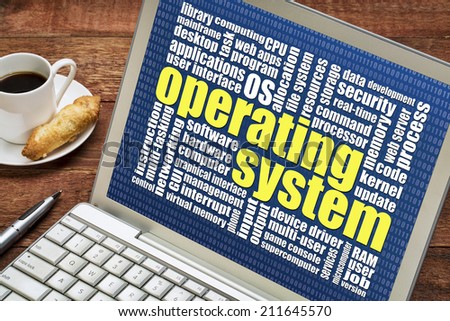 operating system word cloud on a laptop with a cup of coffee