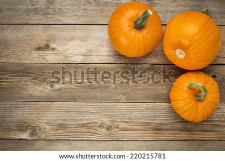 three autumn pumpkin on rustic wooden board with a copy space