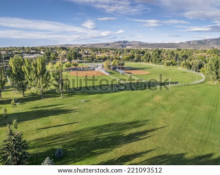 aerial view of a local park with baseball fields in Fort Collins, Colorado