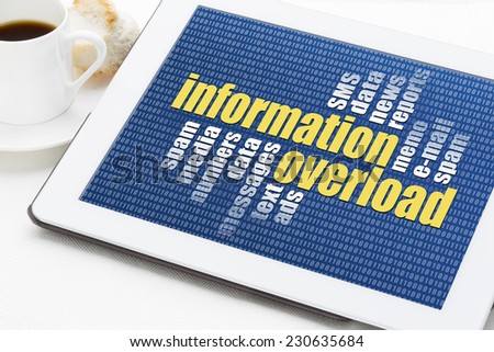 information overload concept - a word cloud on a digital tablet with a cup of coffee