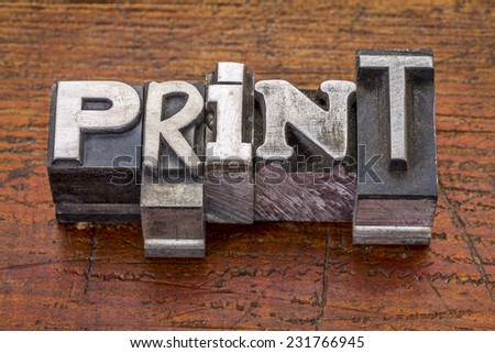 print word in vintage metal type printing blocks over grunge wood