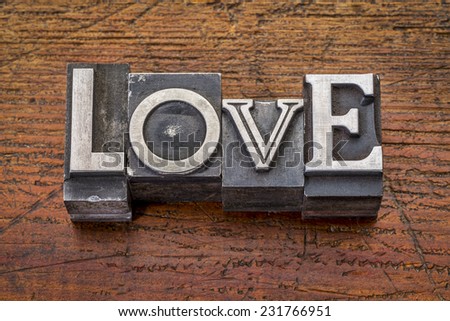 love word in vintage metal type printing blocks over grunge wood