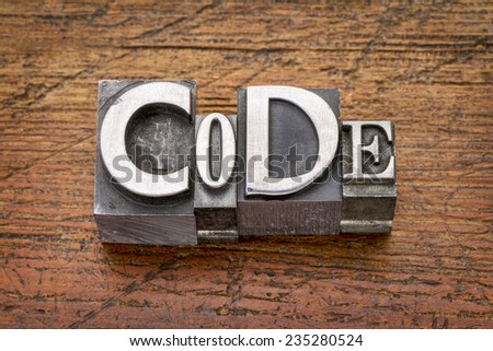 code word in mixed vintage metal type printing blocks over grunge wood
