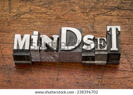 mindset  word in mixed vintage metal type printing blocks over grunge wood