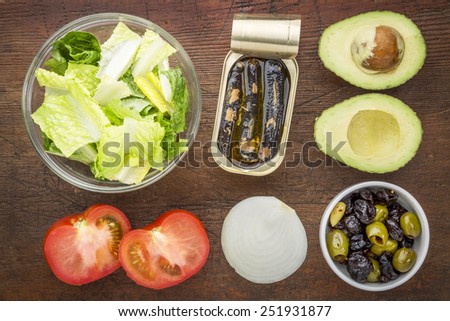 top view of sardine salad ingredients - canned sardines, tomato, romaine lettuce, onion, olives, and avocado