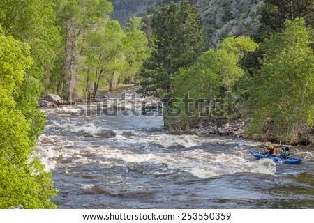 FORT COLLINS, COLORADO, USA - JUNE 4, 2011: Kayakers floating over Mad Dog Rapid on the Cache la Poudre River west of Fort Collins, Colorado as the snow pack in the high country begins to melt.