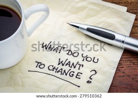 What do you want to change? Handwriting on a napkin with cup of espresso coffee