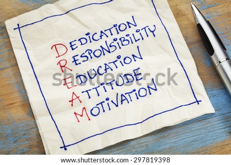 dedication, responsibility, education, attitude, motivation - DREAM acronym - a napkin doodle