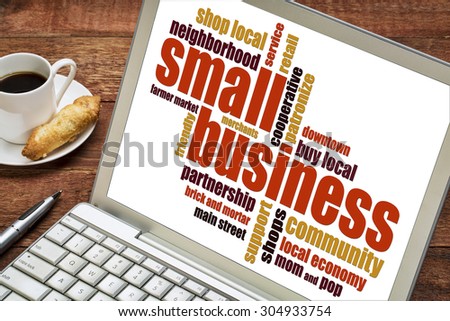 small business word cloud on a laptop with a cup of coffee