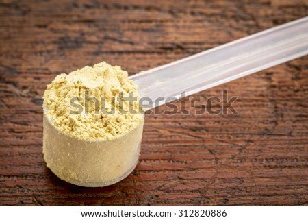 pine pollen powder (nutrition supplement rich in testosterone) in a plastic measuring scoop against grunge wood surface