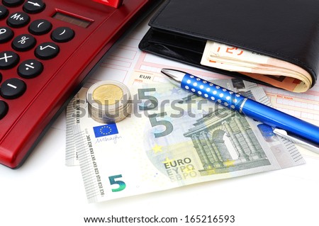 Euro bank transfer with money, slip, pen,wallet