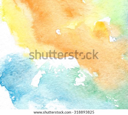 Wet brush painted splash colorful paper texture. Watercolor hand drawn orange green blue yellow background. Water wash abstract illustration. Artistic design element for card, banner, print, template