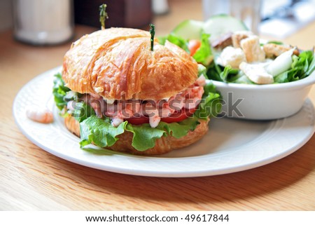 Bay shrimp sandwich with fresh baked croissant and side of green garden salad