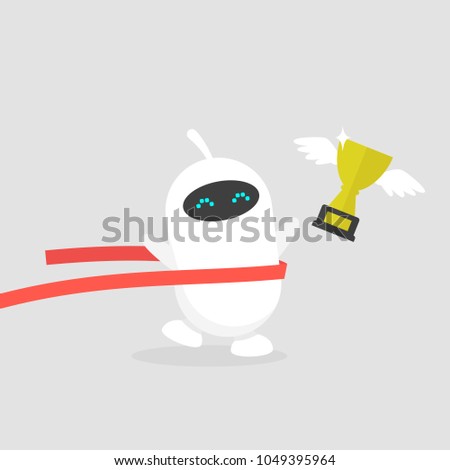 Cute white running robot crossing the finish line. Red ribbon and golden cup. Race. Competition. Flat editable vector illustration, clip art