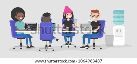 Modern office. International team of young employees working on their laptops and discussing the project / flat editable vector illustration, clip art. Millennials at work.