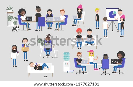 Big business set. Co-working space. Office life. Diversity collective. Startup. Millennials at work. Generation z. Technologies. Project management. Flat editable vector illustration, clip art