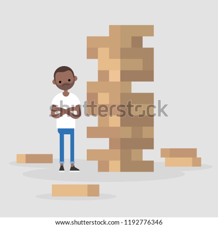 Young black male character taking turn removing a block from a tower constructed of wooden bricks. Strategic thinking. Flat editable vector illustration, clip art