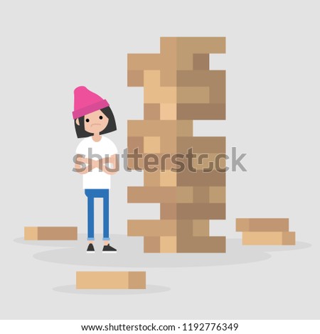 Young female character taking turn removing a block from a tower constructed of wooden bricks. Strategic thinking. Flat editable vector illustration, clip art