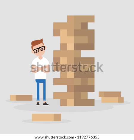 Young male character taking turn removing a block from a tower constructed of wooden bricks. Strategic thinking. Flat editable vector illustration, clip art