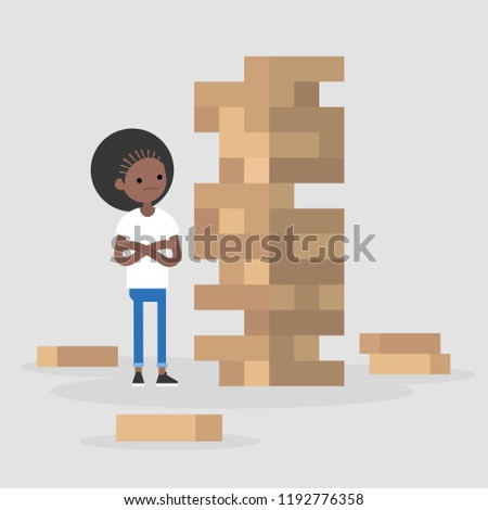 Young black female character taking turn removing a block from a tower constructed of wooden bricks. Strategic thinking. Flat editable vector illustration, clip art