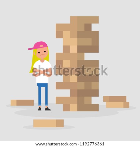 Young female character taking turn removing a block from a tower constructed of wooden bricks. Strategic thinking. Flat editable vector illustration, clip art