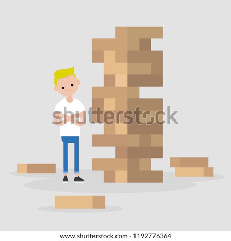 Young male character taking turn removing a block from a tower constructed of wooden bricks. Strategic thinking. Flat editable vector illustration, clip art