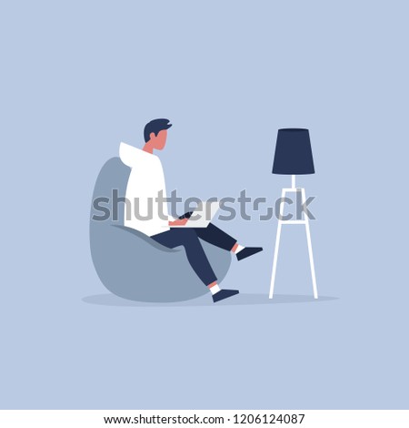 Office furniture. Young manager sitting on the bean bag chair. Daily life. Flat editable vector illustration, clip art