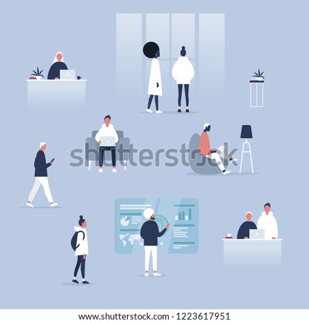 Big business set. Co-working space. Office life. Diversity collective. Startup. Millennials at work. Generation z. Technologies. Project management. Flat editable vector illustration, clip art