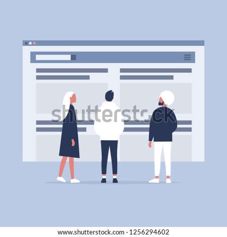 Website layout. Diversity. Group of Characters looking at the browser tab. New technologies. Flat editable vector illustration, clip art