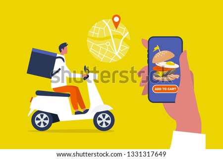 Food delivery service. Mobile application. Young male courier with a large backpack riding a motor bike. Flat editable vector illustration, clip art