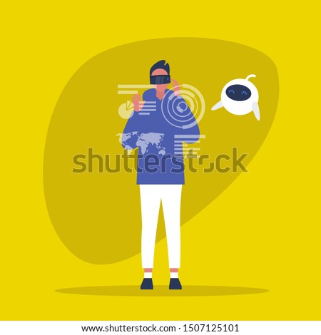 Young male character wearing a virtual reality headset. VR. AR. New technologies. Cute robot. Machine learning. Millennial gadgets and lifestyle / flat editable vector illustration