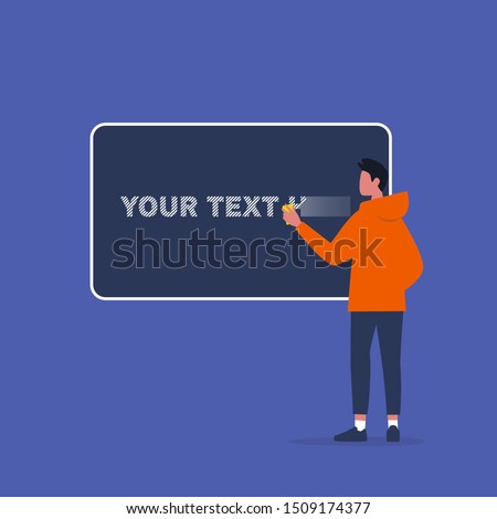 Your text here. Young male character wiping off the sign from a chalkboard. Education. University. Flat editable vector illustration, clip art