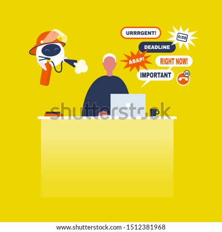 Troubleshooting, conceptual illustration. Cute robot helping to extinguish a fire on  a workplace / flat editable vector illustration, clip art