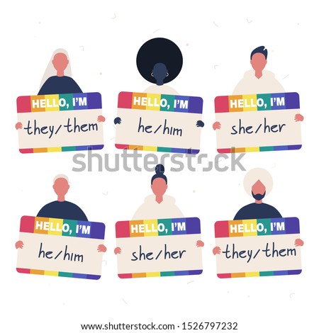 A group of young diverse characters holding the rainbow badges with their gender pronouns - she, he, they