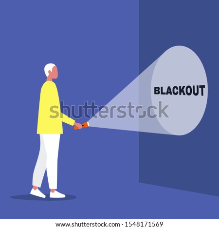 Electricity outage, Blackout, young male character holding a flashlight 