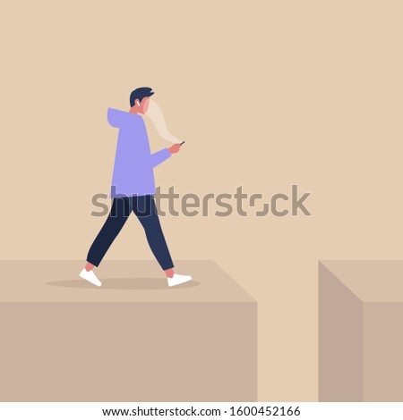 Young male character addicted to smart phone striding to the abyss, nomophobia, millennial lifestyle