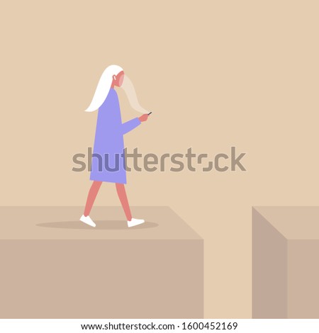 Young female character addicted to smart phone striding to the abyss, nomophobia, millennial lifestyle